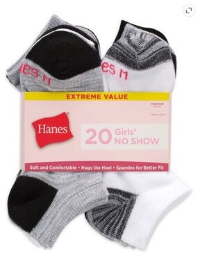 NWT Hanes Girls' No-Show Socks - Black, Gray, White (20-Pack)